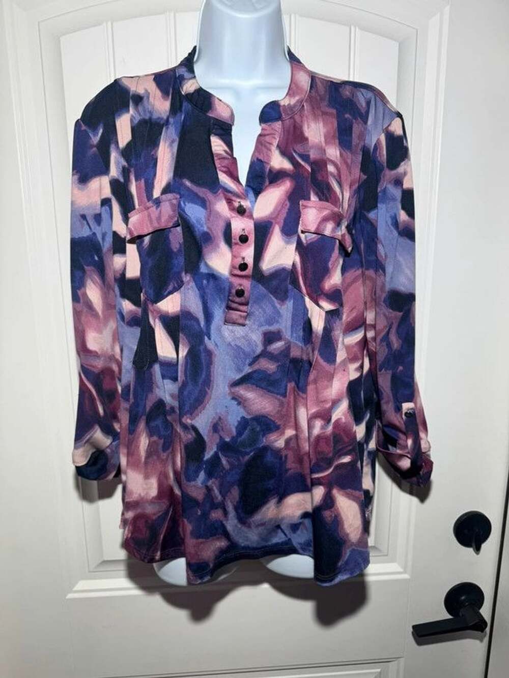Cocomo Floral Abstract V-Neck Roll-Tab Sleeve Blouse - XL